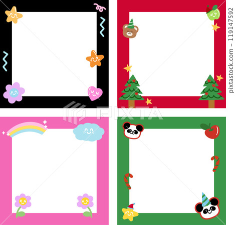 Colourful frame set with panda, teddy bear, Christmas tree, rainbow, candy cane for festive decoration, polaroid photo, square ad template, social media post, winter season, notepad, sticky note, memo Colourful frame set with panda, teddy bear, Christmas tree, rainbow, candy cane for festive decoration, polaroid photo, square ad template, social media post, winter season, notepad, sticky note, memo 119147592