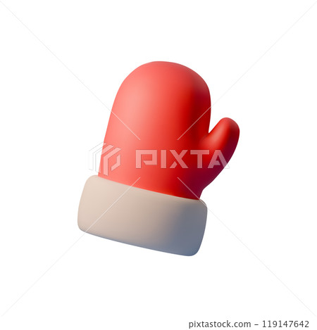 Vector 3D illustration of red winter mitten with a white cuff, designed in a smooth, minimalistic style. Ideal for New Year or Christmas greeting cards, winter-themed projects, and holiday decorations Vector 3D illustration of red winter mitten with a white cuff, designed in a smooth, minimalistic style. Ideal for New Year or Christmas greeting cards, winter-themed projects, and holiday decorations 119147642