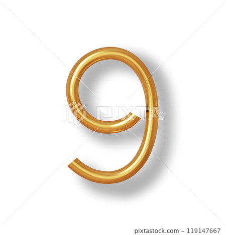 Numeral 9 - Golden Plastic Balloon Number nine Isolated on White Background. 3D Style Vector Illustration Numeral 9 - Golden Plastic Balloon Number nine Isolated on White Background. 3D Style Vector Illustration 119147667
