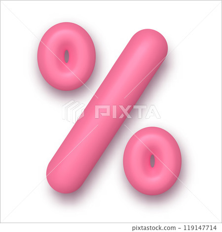 3D illustration of a pink percent sign on a white background. Realistic symbol for use in financial, marketing materials, web design, educational, and advertising projects 3D illustration of a pink percent sign on a white background. Realistic symbol for use in financial, marketing materials, web design, educational, and advertising projects 119147714