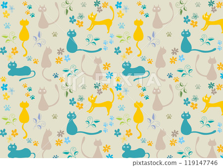 Scandinavian style flowers, colorful cats and cat paw prints pattern background pale yellowish gray 119147746