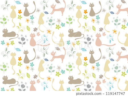 Scandinavian style flowers and colorful cats pattern 119147747