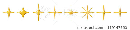 Set of 3D sparkling yellow stars in various shapes on a white background. Smooth and shiny elements for design and decoration. Vector illustration for holiday Set of 3D sparkling yellow stars in various shapes on a white background. Smooth and shiny elements for design and decoration. Vector illustration for holiday 119147760
