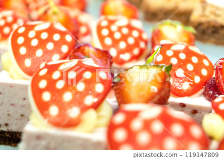 Fruit Mousse Pastries with Cream Cheese and Fresh Strawberries, Close-Up 119147809