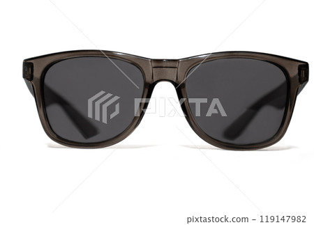 Black sunglasses in a transparent black frame isolated on white background. Classic style. Black sunglasses in a transparent black frame isolated on white background. Classic style. 119147982
