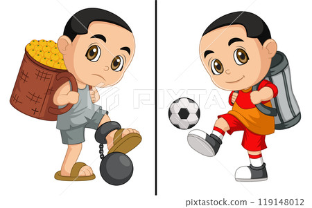 World Day Against Child Labor Concept With Child. Kids working on one side and on another side kids going to playing soccer 119148012