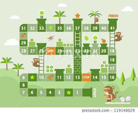 World tour board game template,Funny frame, ladders game, Vector illustrations. 119148029