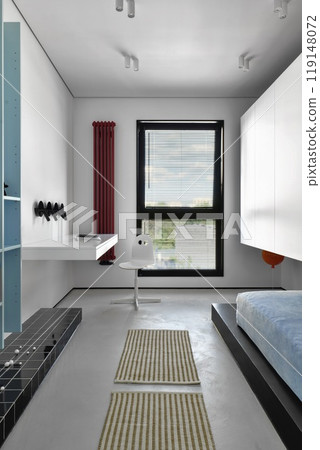 A Modern Minimalist Bedroom with Natural Light and Clean Lines enhancing the spaces aesthetics 119148072