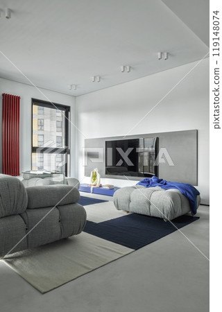 A modern minimalist living room designed with stylish decor that enhances the ambience 119148074