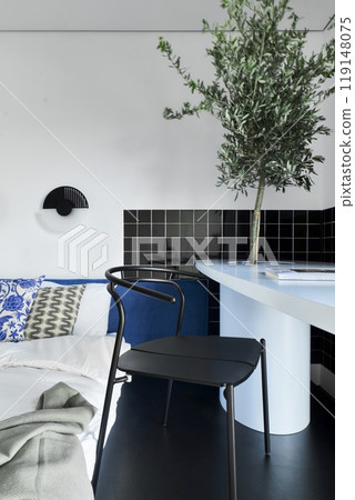 A Modern Living Space Featuring a Minimalist Aesthetic Accompanied by Indoor Plant Elements 119148075