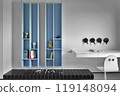 A contemporary modern minimalist room featuring stylish blue shelves and a functional workspace 119148094