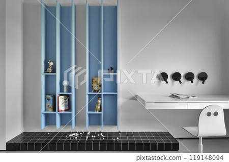 A contemporary modern minimalist room featuring stylish blue shelves and a functional workspace A contemporary modern minimalist room featuring stylish blue shelves and a functional workspace 119148094