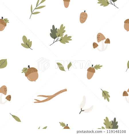Playful Autumn Cartoon Seamless Pattern with Mushrooms, Acorns, Twigs and Leaves 119148108