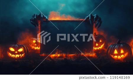 Chilling Halloween banner with large empty sign or poster frame held by eerie, monstrous hands. Ideal for Halloween sales promotions, event advertisements, central empty space ideal for adding text 119148169