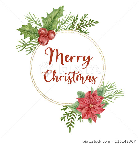 A festive round decoration in the form of a wreath for New Year or Christmas. Watercolor elements - coniferous twigs, holly with red berries, poinsettia. An empty space for the text. 119148307