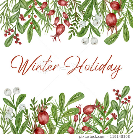 Christmas watercolor frame with greenery, berries and fir twigs. A place for text, handmade. Template for postcards, envelopes, tags, holiday greetings. 119148308