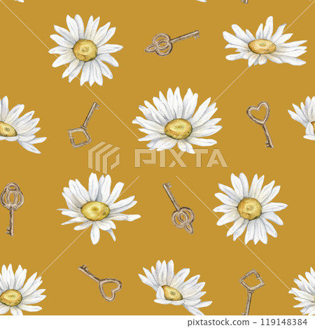 Seamless pattern with watercolor chamomile and gold key. Hand drawn illustration of daisy. White blossom flowers on isolated background. Drawing summer wildflowers botanical for textile. Seamless pattern with watercolor chamomile and gold key. Hand drawn illustration of daisy. White blossom flowers on isolated background. Drawing summer wildflowers botanical for textile. 119148384