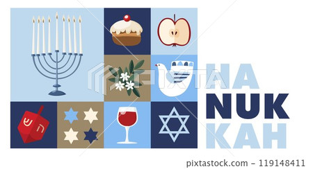 Happy Hanukkah, Hanukkah Sameach web banner. Geometric festive Jewish Holiday greeting card, invitation with chanukija candleholder, wine, dreidel toys. Doughnut, dove. Vector illustration background. Happy Hanukkah, Hanukkah Sameach web banner. Geometric festive Jewish Holiday greeting card, invitation with chanukija candleholder, wine, dreidel toys. Doughnut, dove. Vector illustration background. 119148411