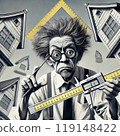 Japanese architect Crazy with a ruler in his hands against the background of crooked houses 119148422