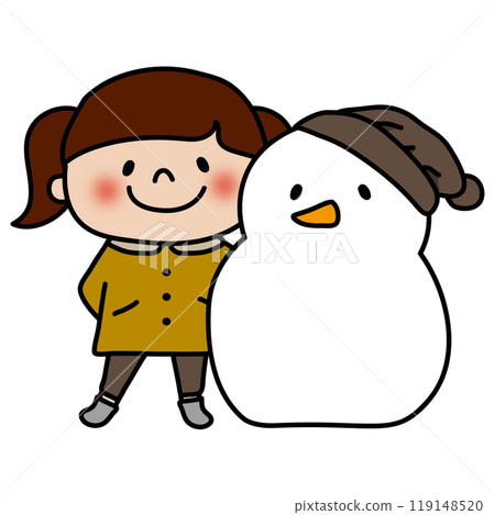 一個雪人和一個戴著自己編織的帽子的孩子 119148520