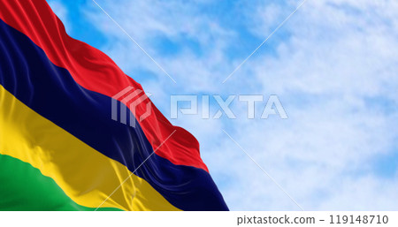 Mauritius national flag waving on a clear day Mauritius national flag waving on a clear day 119148710