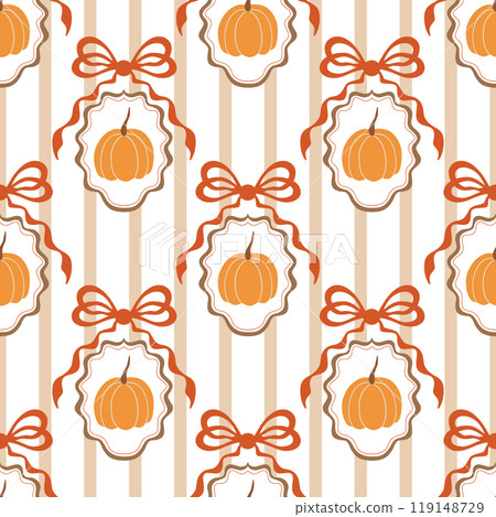 Coquette fall bows, pumpkin, ribbon, cameo seamless pattern. Autumn grandmillennial vector striped background 119148729