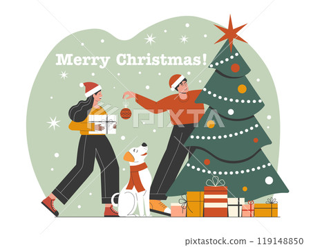 Family with Dog Decorating Christmas Tree Together Family with Dog Decorating Christmas Tree Together 119148850