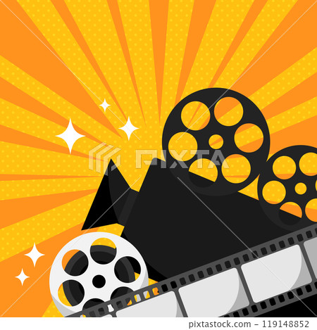 Cinema movie background in pop art style. Camera, film reel and film strip. Movie film premiere template Cinema movie background in pop art style. Camera, film reel and film strip. Movie film premiere template 119148852