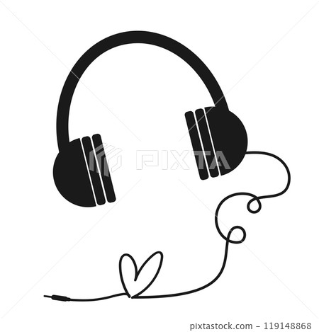 Headphones with heart shaped cord isolated on white background. Love listening to music. Vector illustration 119148868