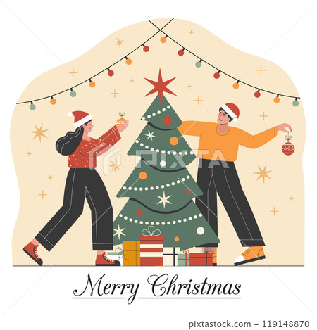 Young Couple Decorating Christmas Tree Young Couple Decorating Christmas Tree 119148870