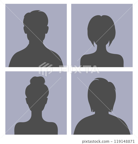 Men and women silhouettes set in square photo frames. Abstract male and female avatars. Vector illustration 119148871