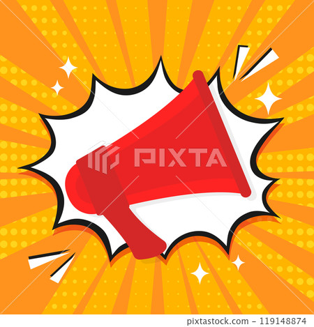 Cinema movie background in pop art style. Loudspeaker in comic speech bubble. Movie film premiere template 119148874