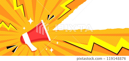 Bright banner with a loudspeaker in pop art style. Background decorated with zigzag, dots, rays and torn paper. Bright banner with a loudspeaker in pop art style. Background decorated with zigzag, dots, rays and torn paper. 119148876