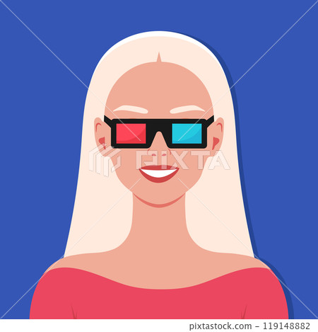 Smiling blond woman in 3d glasses. Girl watching 3d film. Vector illustration Smiling blond woman in 3d glasses. Girl watching 3d film. Vector illustration 119148882