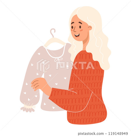 Seasonal Shopping day. Happy blonde woman trying on blouse at sale. Vector illustration. Cute female shopper character. 119148949
