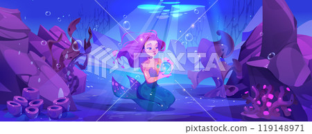 Mermaid sitting on sea bottom 119148971
