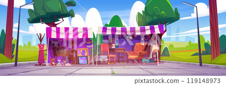 Flea market stall in city park 119148973