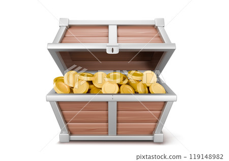 3d open treasure chest with golden coin vector 119148982