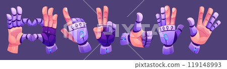 Prosthesis arm gesture. Robot hand part vector Prosthesis arm gesture. Robot hand part vector 119148993