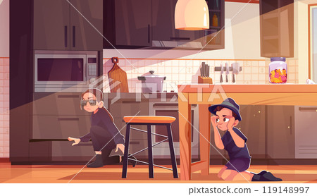 Cute teen children dressed as spy in kitchen 119148997