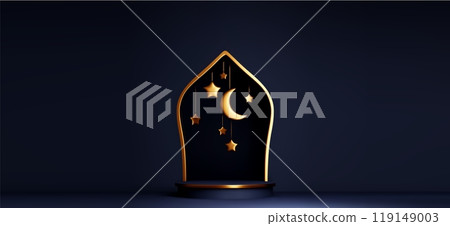 Dark blue Ramadan banner with 3d podium 119149003