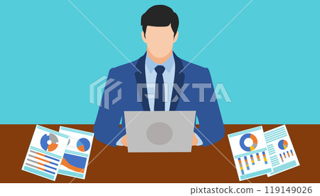 Illustration of a businessman working on a laptop 119149026