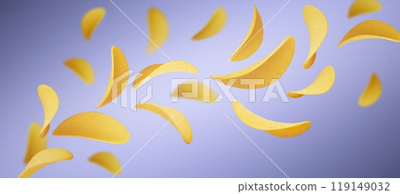 Blue background with flying crisp potato chips. 119149032