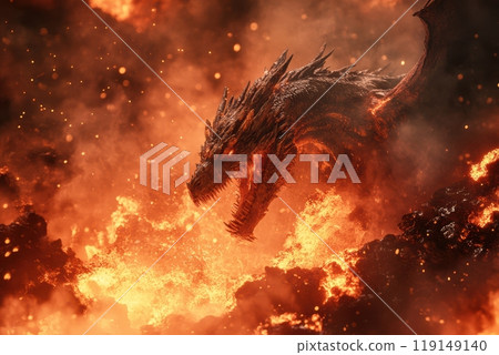 A dragon is in the middle of a fiery explosion 119149140