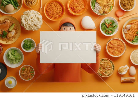A man is holding a white board with a picture of food on it 119149161