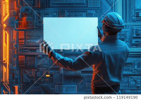 Concept of focus and concentration as the man interacts with the computer Concept of focus and concentration as the man interacts with the computer 119149190