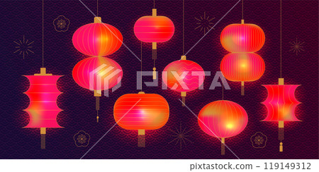 Asian glowing lanterns set. 3d Chinese lamp with lights effect, red silk or paper lantern on tradition culture china japan festival, Chinatown oriental decor. eps10 vector illustration 119149312