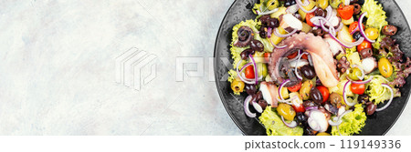 Grilled octopus with salad on a plate. Grilled octopus with salad on a plate. 119149336