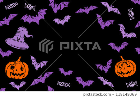 Halloween symbols, pumpkin, bat, candy, pattern Halloween symbols, pumpkin, bat, candy, pattern 119149369