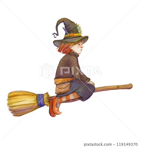 Watercolor of a girl flying on a broomstick, wearing a pointed hat with pumpkin and leaf decorations. Illustration of a witch from a Halloween fairy tale. It is suitable for decorating theme design. Watercolor of a girl flying on a broomstick, wearing a pointed hat with pumpkin and leaf decorations. Illustration of a witch from a Halloween fairy tale. It is suitable for decorating theme design. 119149370